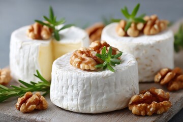 Elegant arrangement of soft cheese wheels garnished with walnuts and rosemary sprigs, creating an appetizing and artisanal culinary composition on a wooden board.