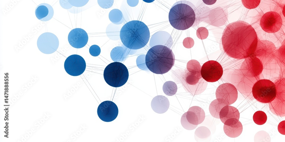 Poster abstract network of interconnected blue and red circles on a white background, symbolizing data, com