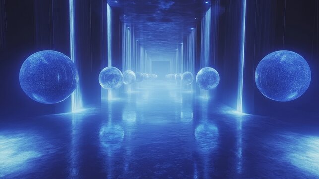 Abstract digital space hallway illuminated by vibrant blue light.