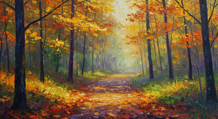 Obraz premium landscape, forest path in autumn with falling leaves, filtered sunlight through golden foliage