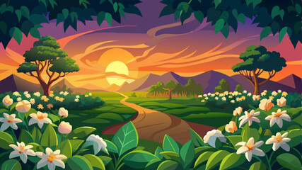 Obraz premium Sunset over a vibrant field of jasmine flowers with a backdrop of dark green trees in a tranquil outdoor setting Very beautiful