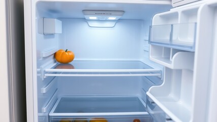 A nearly empty refrigerator with a single small pumpkin on a glass shelf, illuminated by interior lighting