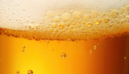 golden beer macro with frothy foam and rising bubbles for beverage branding, print poster, website background or brewery packaging design

