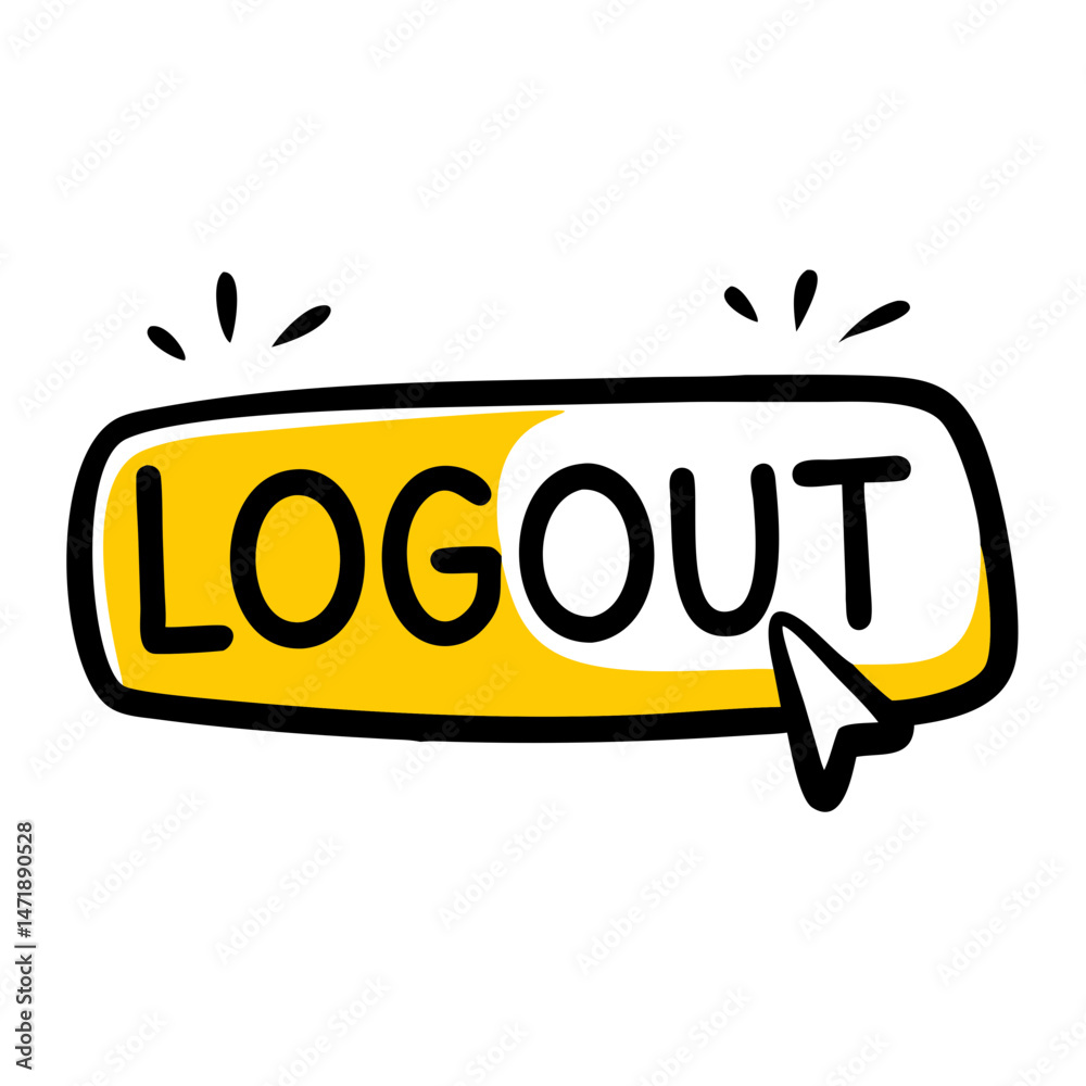 Poster cartoon 'logout' button with a cursor about to click it. suitable for web design tutorials, ui/ux bl