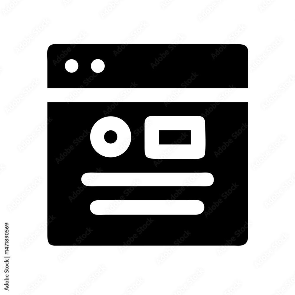 Poster solid black icon of a browser window displaying content blocks (circle, rectangle, lines). suitable 