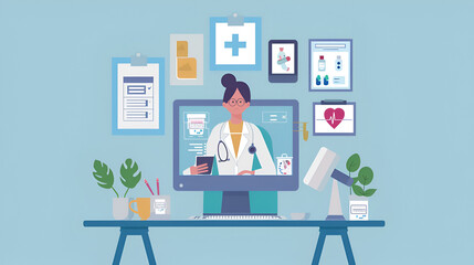 Illustration of a doctor on a computer screen with medical icons and office elements around her