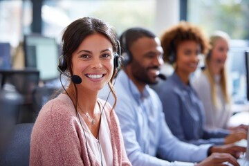 Smiling multicultural couple working at call center in modern open office