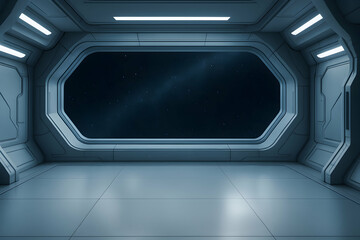 Futuristic interior with space view window.