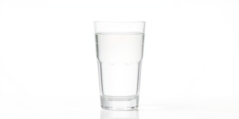 A refreshing glass of clear water, a symbol of purity and hydration, sits on a plain white background.