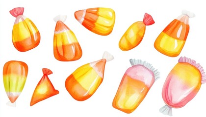 Watercolor Illustration of Assorted Candies and Candy Corn