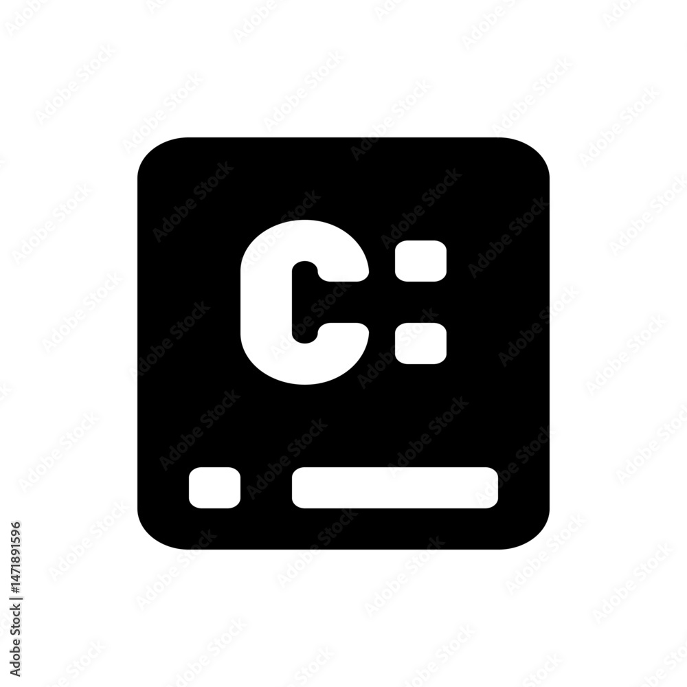 Poster illustration of a command prompt interface with a c drive indicator on a black rounded rectangle sha