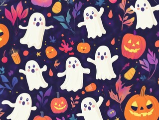 Obraz premium Whimsical Halloween Pattern with Cute Ghosts and Pumpkins