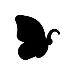Silhouette of a butterfly with rounded wings and curled antennae in a solid black color against white background