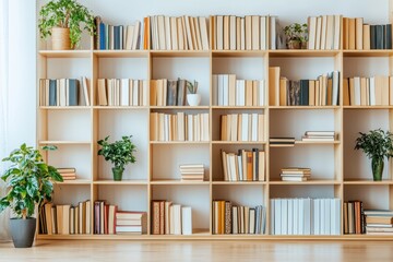 Organized bookshelves filled with various books and potted plants
