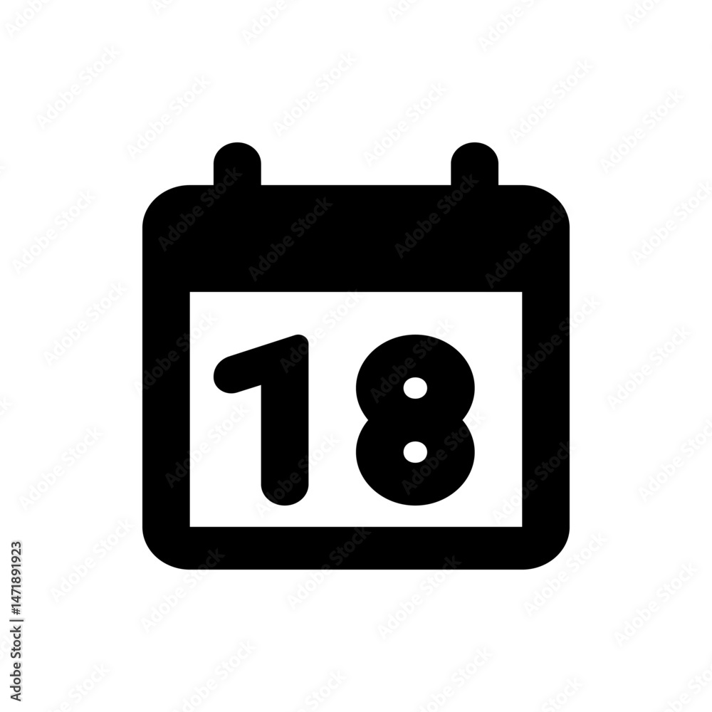 Poster black and white calendar icon displaying the date eighteenth with rounded corners and simple design 