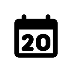 Black calendar icon showing the date as the twentieth day of the month on a white background design element