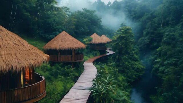 A tropical forest with a wooden bridge and a row of small houses. The houses are made of wood and have thatched roofs. The bridge is surrounded by lush green trees and the water is calm