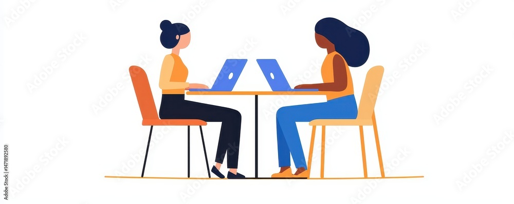 Poster two women working on laptops at a table, facing each other in a modern, collaborative workspace.