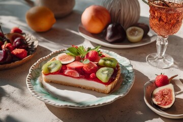 An appetizing fruit tart, elegantly presented with assorted fresh fruits and a refreshing drink.