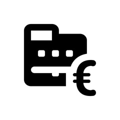 Black folder icon with a euro symbol representing financial documents and currency exchange rates and savings