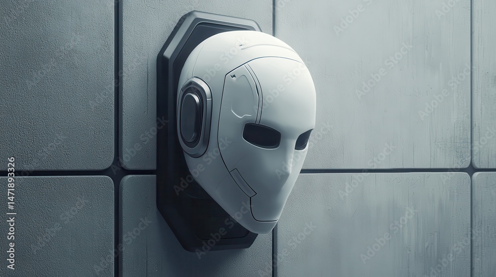 Poster a sleek, futuristic robot mask mounted on a tiled wall, blending sci-fi aesthetics with minimalist d