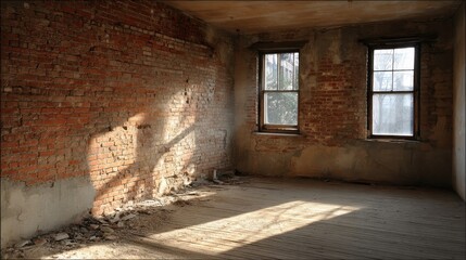 Sunlight in abandoned brick room with cracked walls and vintage textures
