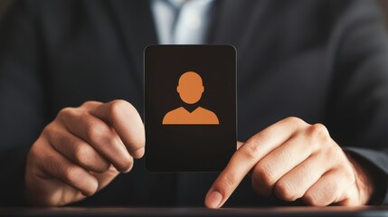 A person in a suit holds a black card with an orange user icon, symbolizing identity or profile.