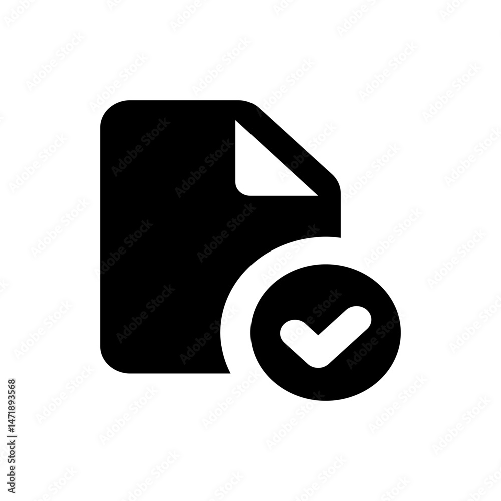 Poster black document icon with folded corner and a check mark inside a circle indicating approval and comp