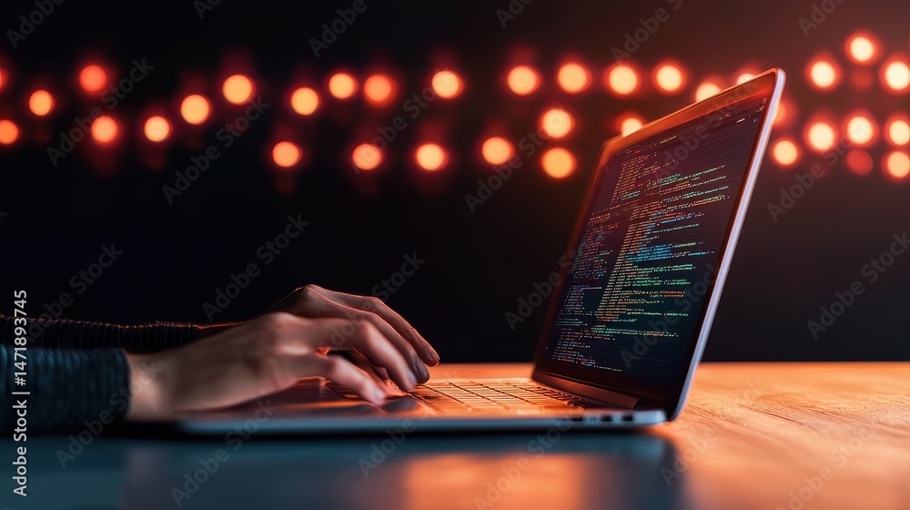 Aufkleber A person coding on a laptop with colorful lights in the background, creating a focused and modern tech atmosphere.