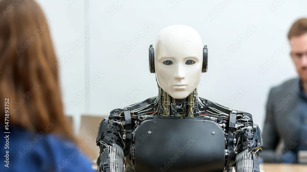 Aufkleber A humanoid robot sits across from a person in an office setting, suggesting a job interview scenario involving artificial intelligence.