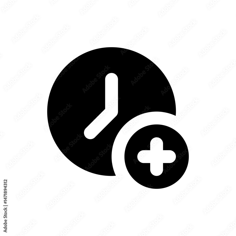 Poster clock with plus sign indicating time addition scheduling or appointment setting in a black and white