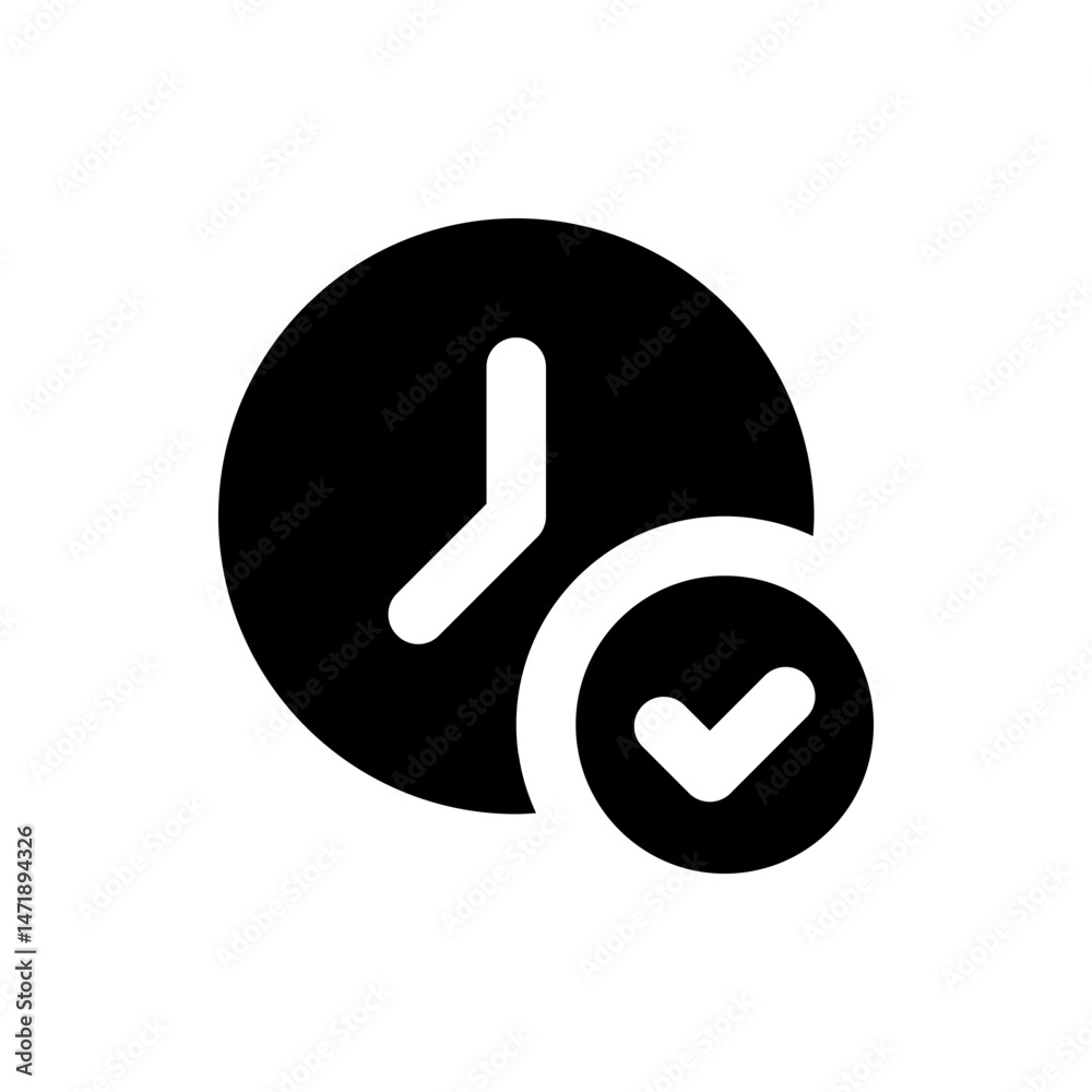 Poster a black clock with white hands showing a time and a checkmark indicating task completion or scheduli