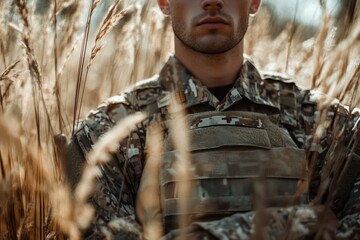 Soldier Standing in Field of Tall Grass