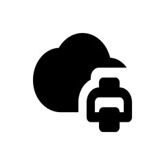Black cloud with printer icon representing cloud printing service and technology integration on white background