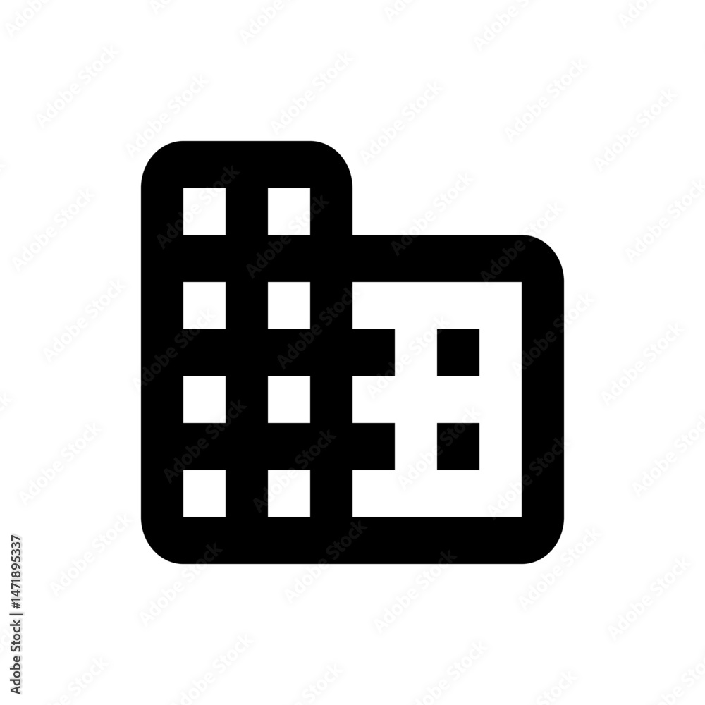 Poster black and white icon featuring a grid like structure resembling a building or a complex data structu