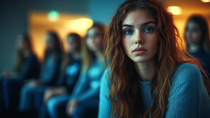 Young Woman with Long Curly Hair  Pensive Expression  Indoor Portrait