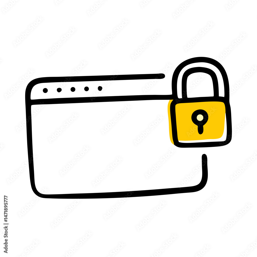Poster doodle-style browser window with a yellow padlock, symbolizing a secure website. suitable for web se