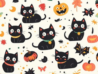 Cute Black Cats Halloween Seamless Pattern