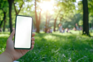 Child playing smartphone game in sunny park