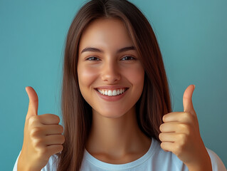 Happy Woman Shows Thumbs Up  Positive Feedback  Approval  Success  Good  Gesture  Portrait