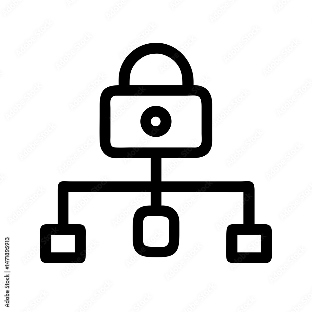 Poster a black line icon showing a padlock connected to a central node branching to points, symbolizing net