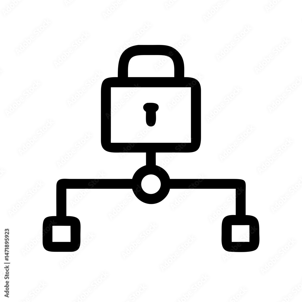 Poster a black line icon showing a padlock connected to a central node branching to points, symbolizing net