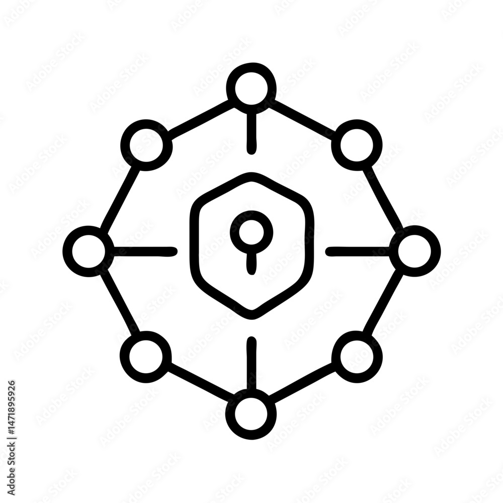 Poster a black line icon showing a padlock connected to a central node branching to points, symbolizing net