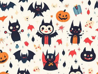 Cute Halloween Pixel Art Seamless Pattern with Bats and Cats