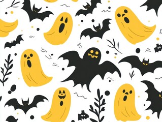 Cute Halloween Seamless Pattern with Yellow Ghosts and Black Bats on White Background