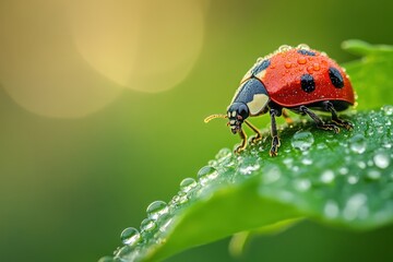 Fototapeta premium Ladybug on Dew-Covered Green Leaf in Nature Macro