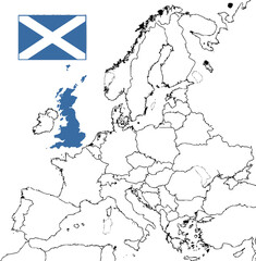 A map of Europe, with the United Kingdom highlighted in blue. The flag of Scotland is featured in the upper left corner.