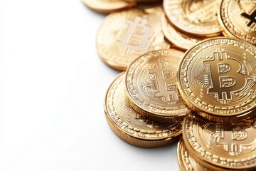A close up view of a pile of golden bitcoin cryptocurrency coins on a white background surface area