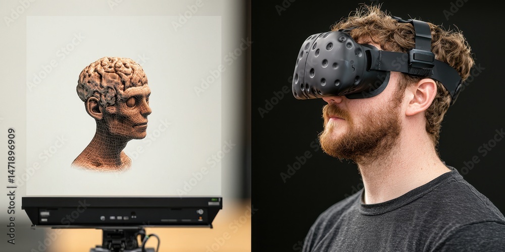 Poster a man uses a vr headset, while a 3d hologram of a human head with a visible brain is displayed on a 