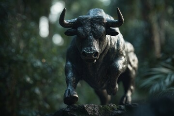 Dark bull statue poised for action in a lush forest.